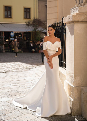 Off Shoulder Ivory Satin Minimalist Wedding Dress